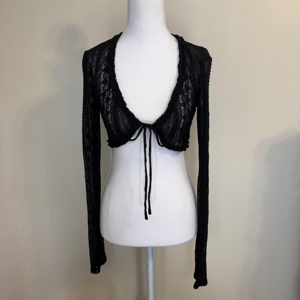 Tiger Mist Sheer Lace Black Cropped Tie-Front Shrug Womens XXS Whimsigoth